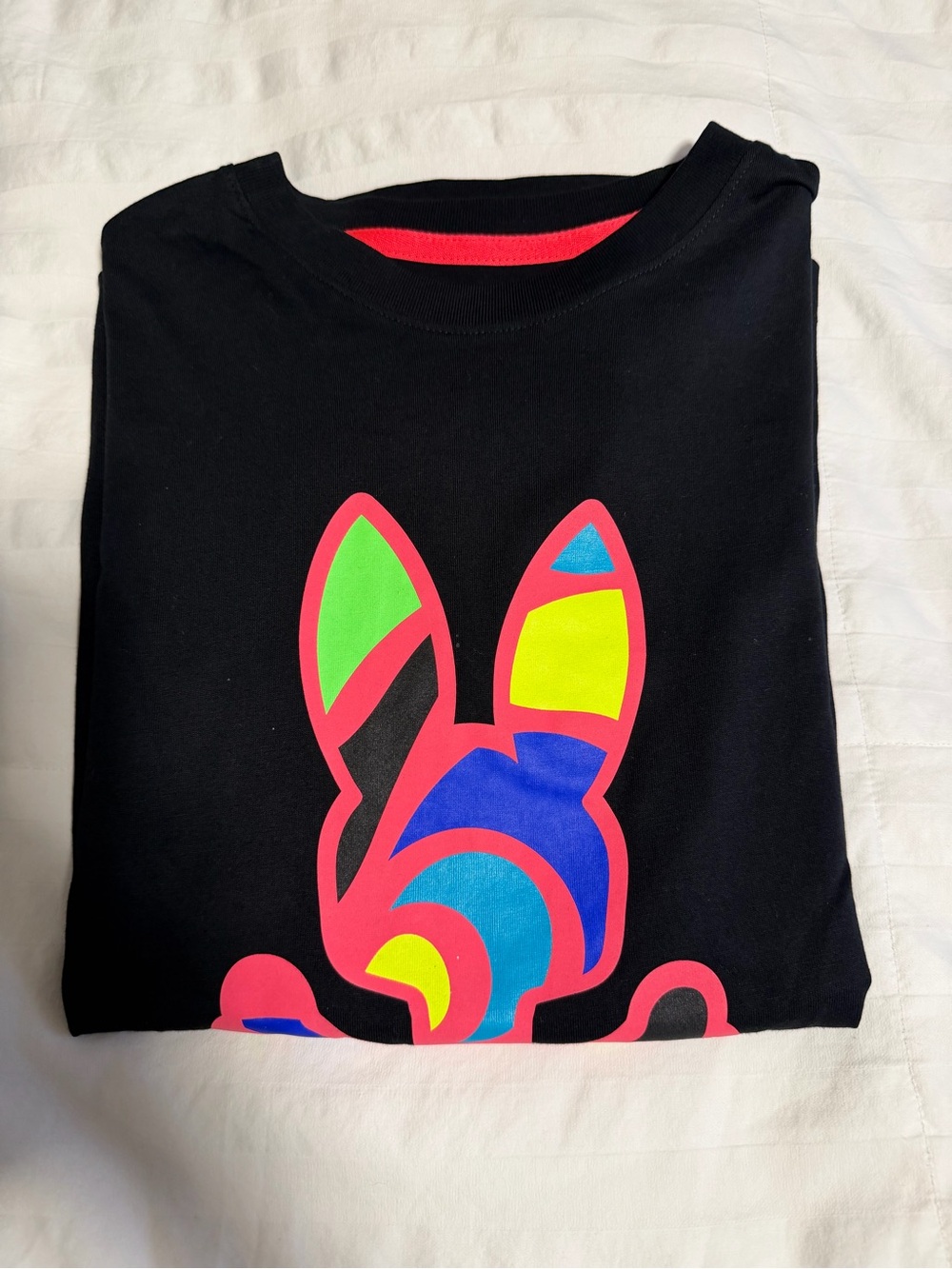 Psycho Bunny Black Tee with Neon Multicolor Bunny Graphic